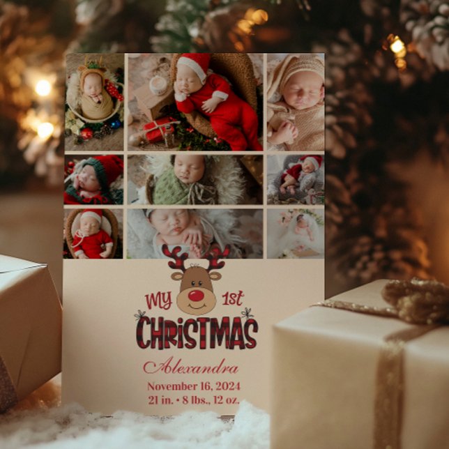Cartão De Festividades 9 Photo Plaid Reindeer Baby First Christmas  (Criador carregado)