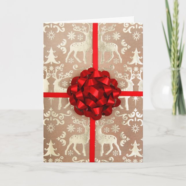 Cartão De Festividades A bow and ribbon on Christmas wrapping paper (Frente)