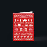 Cartão De Festividades A California Christmas - Love Joy Peace Sunshine<br><div class="desc">This fun red and white pattern Christmas card features the California state bear, pine trees, a dog riding a skateboard and cars with a Christmas tree and a surfboard. Front text: “A California Christmas, love, joy, peace, sunshine.” Inside: “warmest Christmas greetings to you.” The inside message can be customized with...</div>