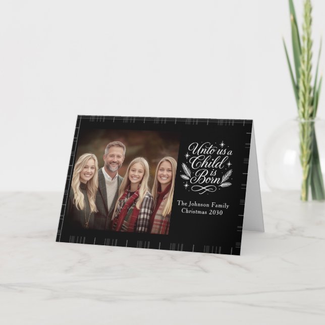 Cartão De Festividades A Child Is Born Plaid Photo Christmas Card (Frente)