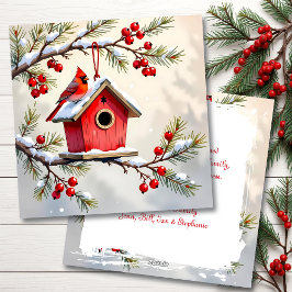 Cartão De Festividades A Christmas Cardinal on a Birdhouse Personalized