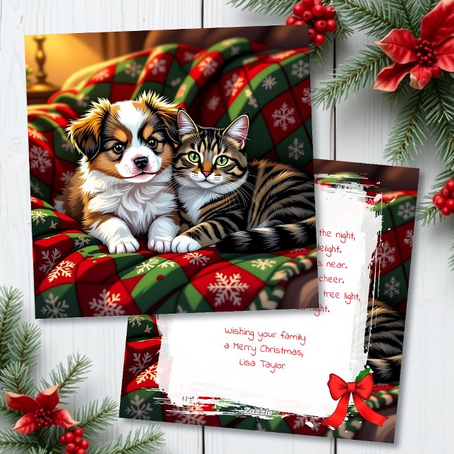 Cartão De Festividades A Cute Festive Dog and Cat Personalized Christmas (Criador carregado)