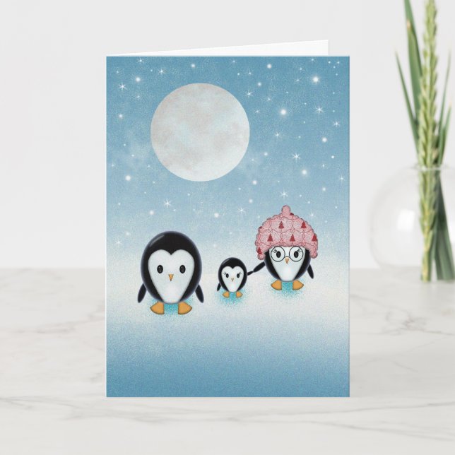 Cartão De Festividades A Família Penguin Starry Night e a Lua Cheia (Frente)