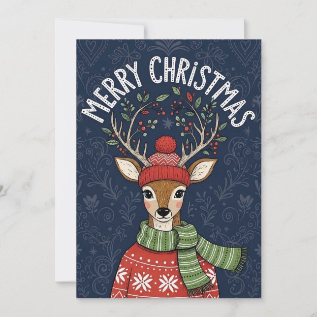 Cartão De Festividades A festive Christmas card featuring a cute deer  (Frente)
