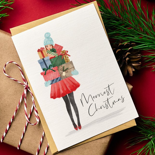 Cartão De Festividades A Menina de Aquarela de Natal Mais Merrista Aprese (Merriest Christmas Cute Watercolor Girl Presents Holiday Card)
