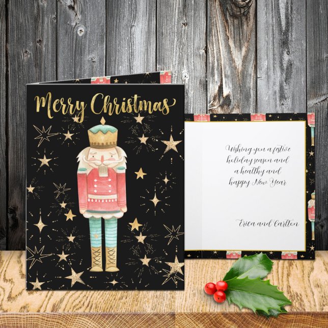 Cartão De Festividades A Noite Dourada de Starry de Natal (The Christmas Nutcracker Gold Starry Night Holiday Wraparound Graphics Folded Card)