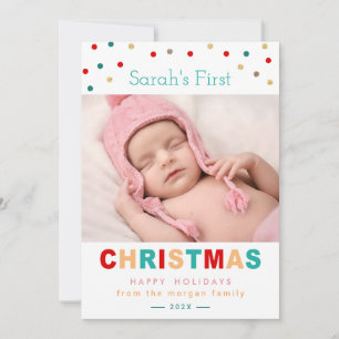 Cartão De Festividades A primeira foto de Natal do bebê de Confetti Dots
