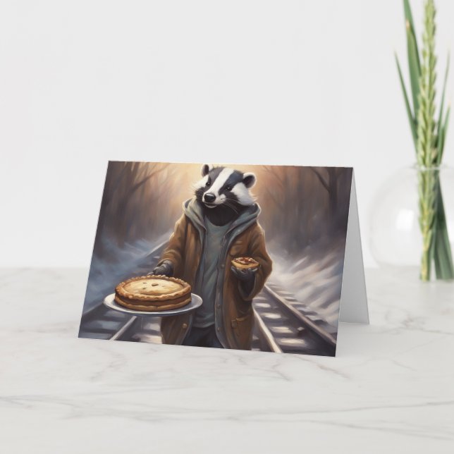 Cartão De Festividades A whimsical Badger on the tracks offers Pie (Frente)