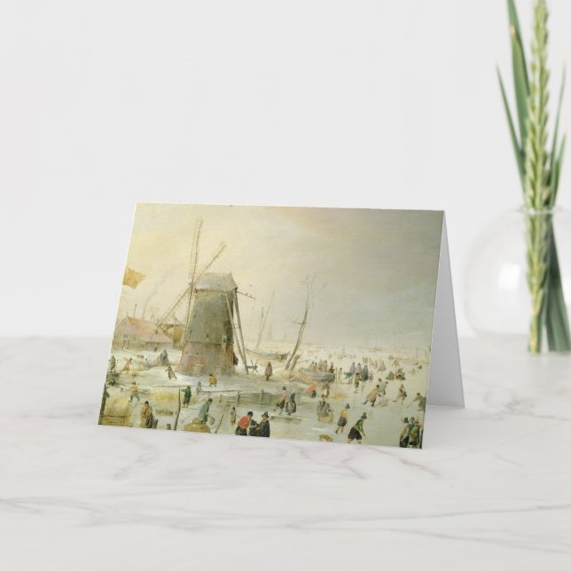 Cartão De Festividades A winter scene with skaters by a windmill (Frente)