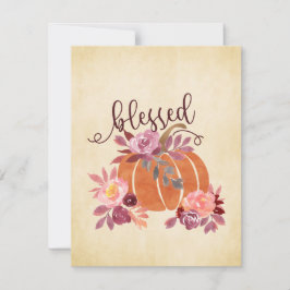 Cartão De Festividades Abençoado - Abóbora de Outono com Flores Cor-de-Ro