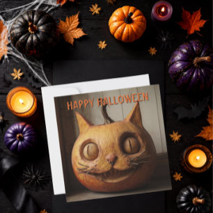 Cartão De Festividades Abóbora de Halloween com Gato Talhado Rústico