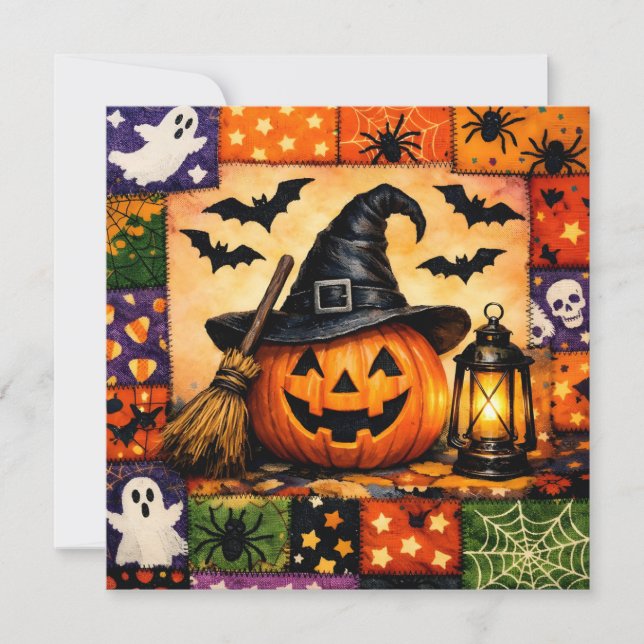 Cartão De Festividades Abóbora de Halloween com Lanterna e Patchwork  (Frente)