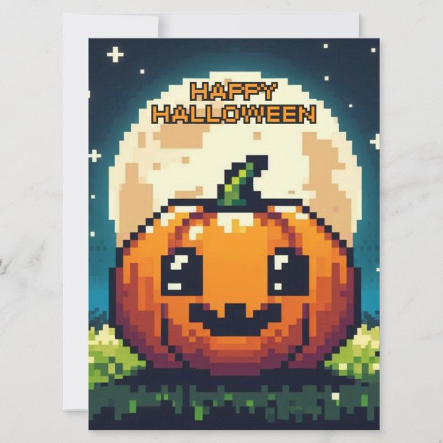 Cartão De Festividades abóbora de Halloween de 8 bits sob a lua (Frente)
