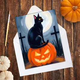 Cartão De Festividades Abóbora de Halloween Pintada Gato Preto