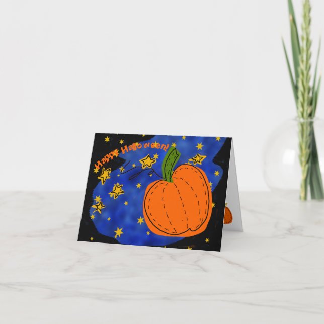 Cartão De Festividades Abóbora Laranja de Halloween Céu Estrelado Azul (Frente)