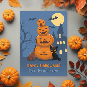 Cartão De Festividades Abóboras de Halloween e Gato Preto da Família