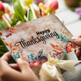 Cartão De Festividades Abóboras de Madeira e Folhas Feliz Dia de Ação de 