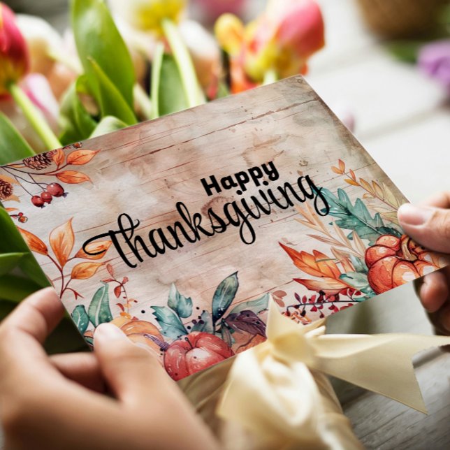 Cartão De Festividades Abóboras de Madeira e Folhas Feliz Dia de Ação de  (Criador carregado)