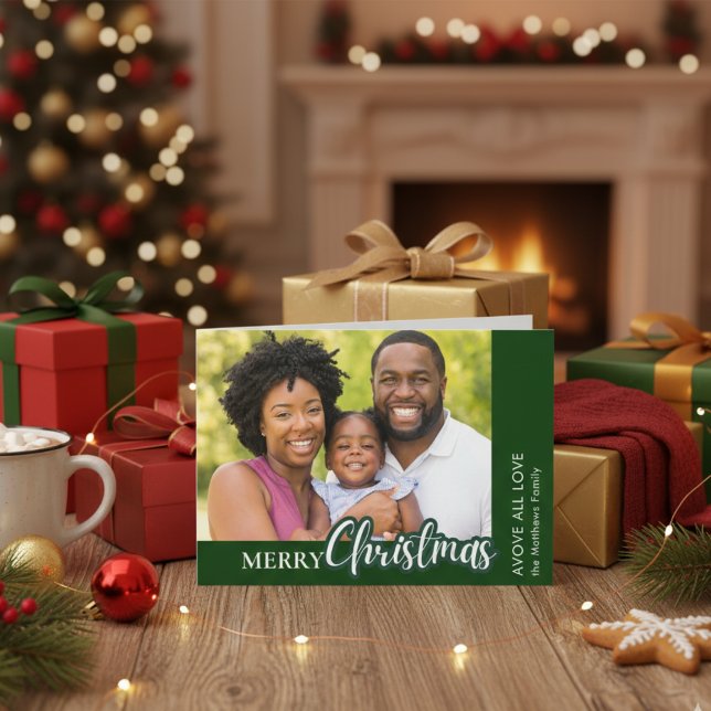 Cartão De Festividades Above All Love Modern Plaid Photo Christmas (Criador carregado)