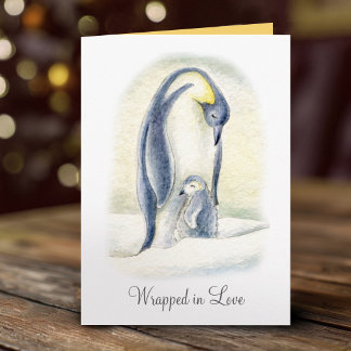 Cartão De Festividades Abraço de pinguim na neve mão aquarela Natal