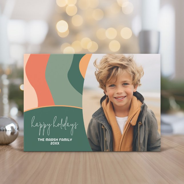 Cartão De Festividades Abstrato de Linha Orgânica - 1 Foto Jade Tangerine (Holiday Photo Greeting Card - Jade and Tangerine Organic Curves)
