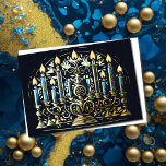 Cartão De Festividades Abstrato - Desenho de Menorah Dourado Azul<br><div class="desc">Itens temáticos de feriado projetados por Umua. Impresso e enviado pela Zazzle ou suas afiliadas.</div>