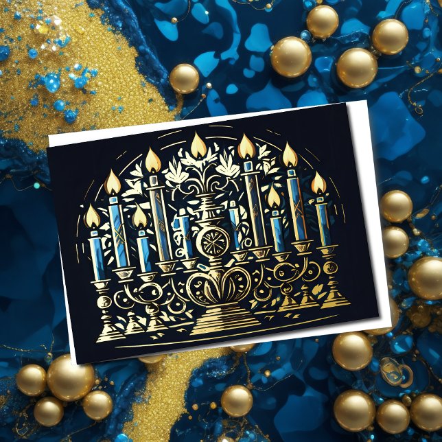 Cartão De Festividades Abstrato - Desenho de Menorah Dourado Azul (Criador carregado)