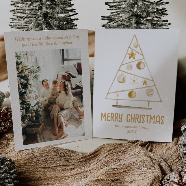 Cartão De Festividades Abstrato Dourado Ornament Tree Foto Feliz Natal (Criador carregado)