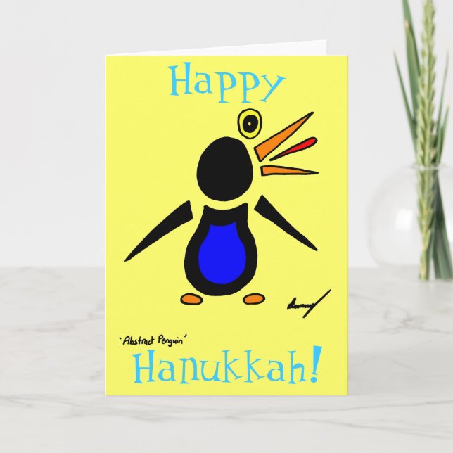 Cartão De Festividades Abstrato Penguin 'Happy Hanukkah!' Placa - Amarelo (Frente)