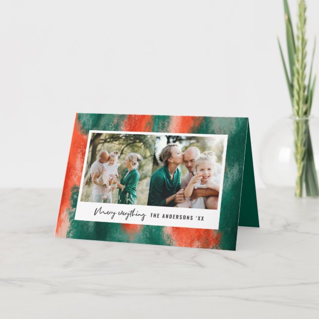 Cartão De Festividades Abstrato vermelho + verde pintado feriado fotográf (Frente)