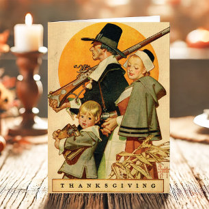 Cartão De Festividades Ação de Graças da Família Peregrina Vintage