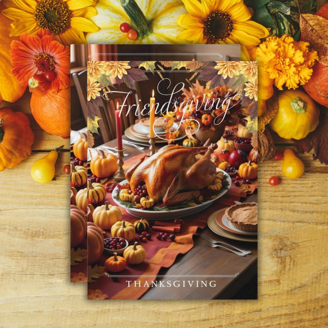 Cartão De Festividades Ação de Graças de Amigos Festivos (Thanksgiving wishes, cozy holiday card, Thanksgiving warmth, autumn tones, heartfelt Thanksgiving)