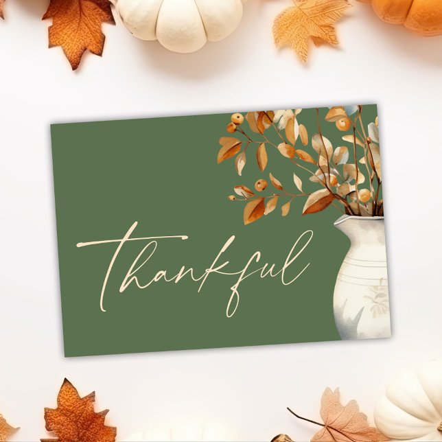 Cartão De Festividades Ação de Graças Moderno e Russo da Olive Green (Olive Green Thanksgiving Modern Rustic Thankful Holiday Card)