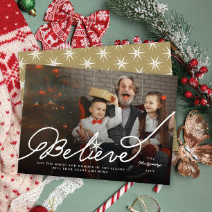 Cartão De Festividades Acredite em Star Calliografia Foto de Natal Religi