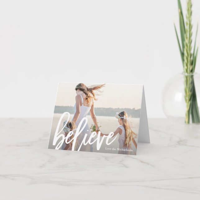 Cartão De Festividades Acredite no Natal da Foto do Script (Frente)