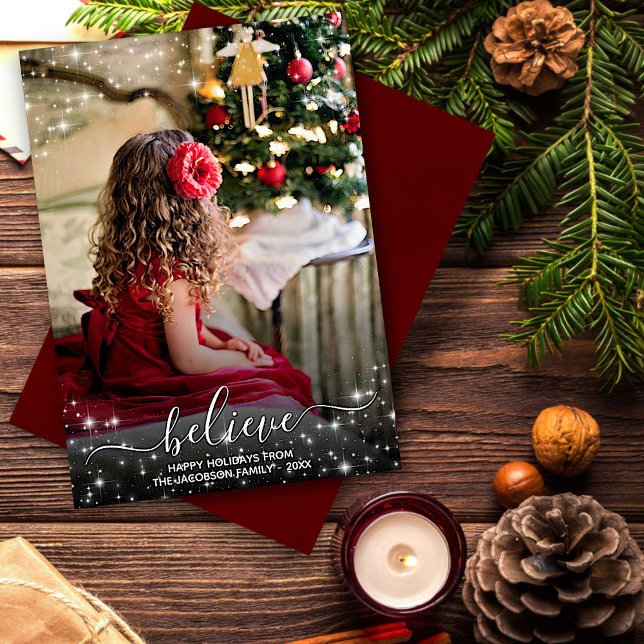 Cartão De Festividades Acredite - O Natal Vermelho das Estrelas Sparkle (In Situ Front/Back)