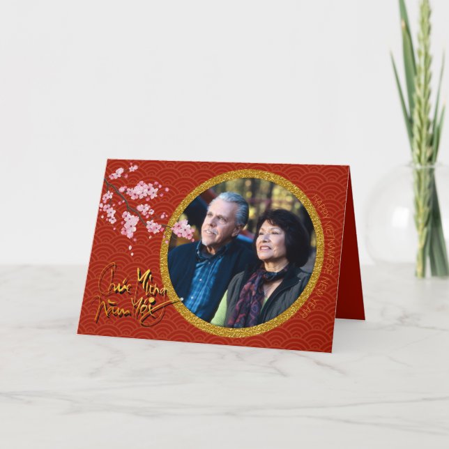 Cartão De Festividades Adicionar foto Tet Hoa Anh Dao Vietnamita Ano Novo (Frente)