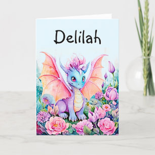 Cartão De Festividades Adicionar nome Dragão Bebê em Fundo Azul