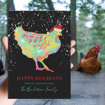 Cartão De Festividades Adicione Nome Colorido Hen de Natal<br><div class="desc">Aprecie seus amigos amantes de frango com esta linda e colorida galinha adorável vestindo um chapéu de Papai Noel em um fundo preto com neve caindo. Este engraçado cartão de Natal de aves festivas é fácil de ser personalizado usando o modelo do roteiro de tipografia. Trabalho de arte moderna original...</div>
