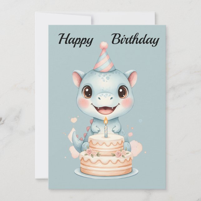 Cartão De Festividades Adorable Cute Baby Blue Dinosaur Birthday Card (Frente)