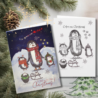 Cartão De Festividades Adorable Hand Drawn Penguin Family Christmas Card