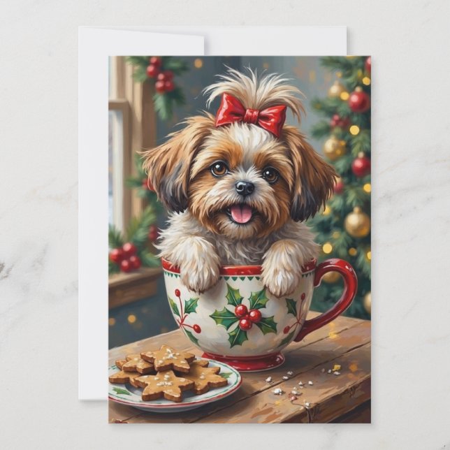 Cartão De Festividades Adorable Shih Tzu Dog in Christmas Mug Cozy Art (Frente)