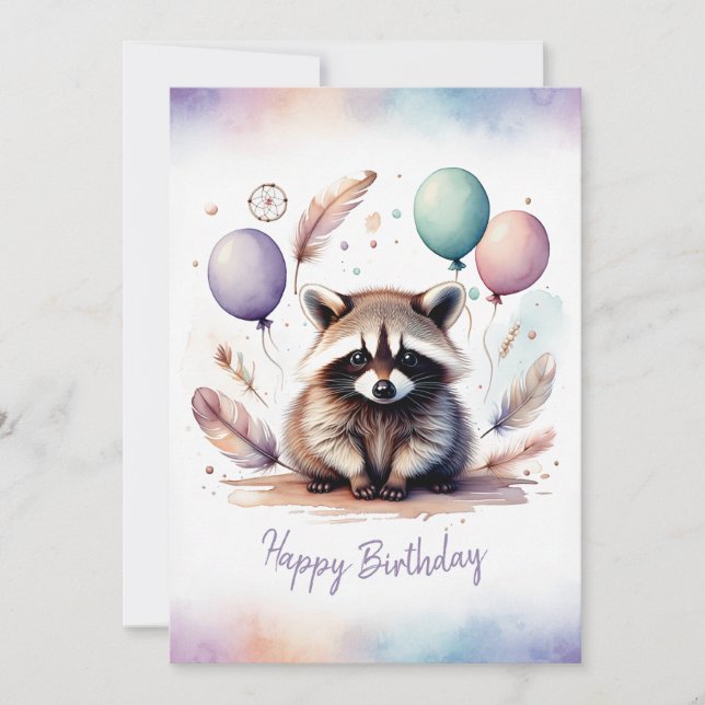Cartão De Festividades Adorable Watercolor Raccoon Happy Birthday (Frente)
