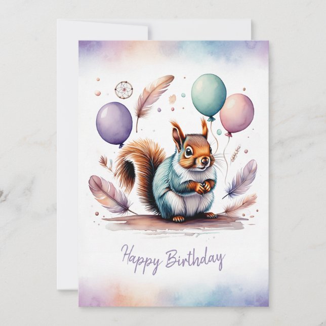 Cartão De Festividades Adorable Watercolor Squirrel Happy Birthday (Frente)