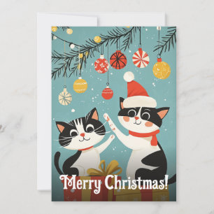 Cartão De Festividades Adoráveis Gatos Pretos e Brancos Enfeites de Natal