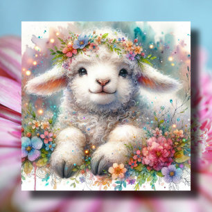 Cartão De Festividades Adorável Cordeiro com Coroa de Flores Páscoa Crist