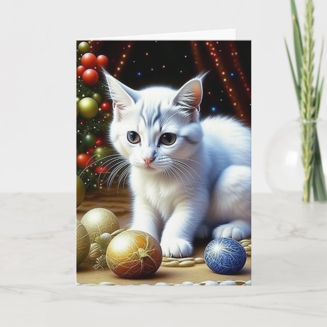 Cartão De Festividades Adorável Gatinho Branco Personalizado Natal (Frente)