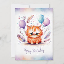 Adorável Gatito Vermelho em Aquarela Feliz Anivers