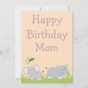 Cartão De Festividades Adorável Hippo e Elefante Feliz Aniversário Mãe