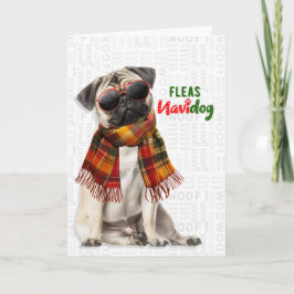 Cartão De Festividades Adorável Pug de Natal Cachorro Engraçado Pulgas Na